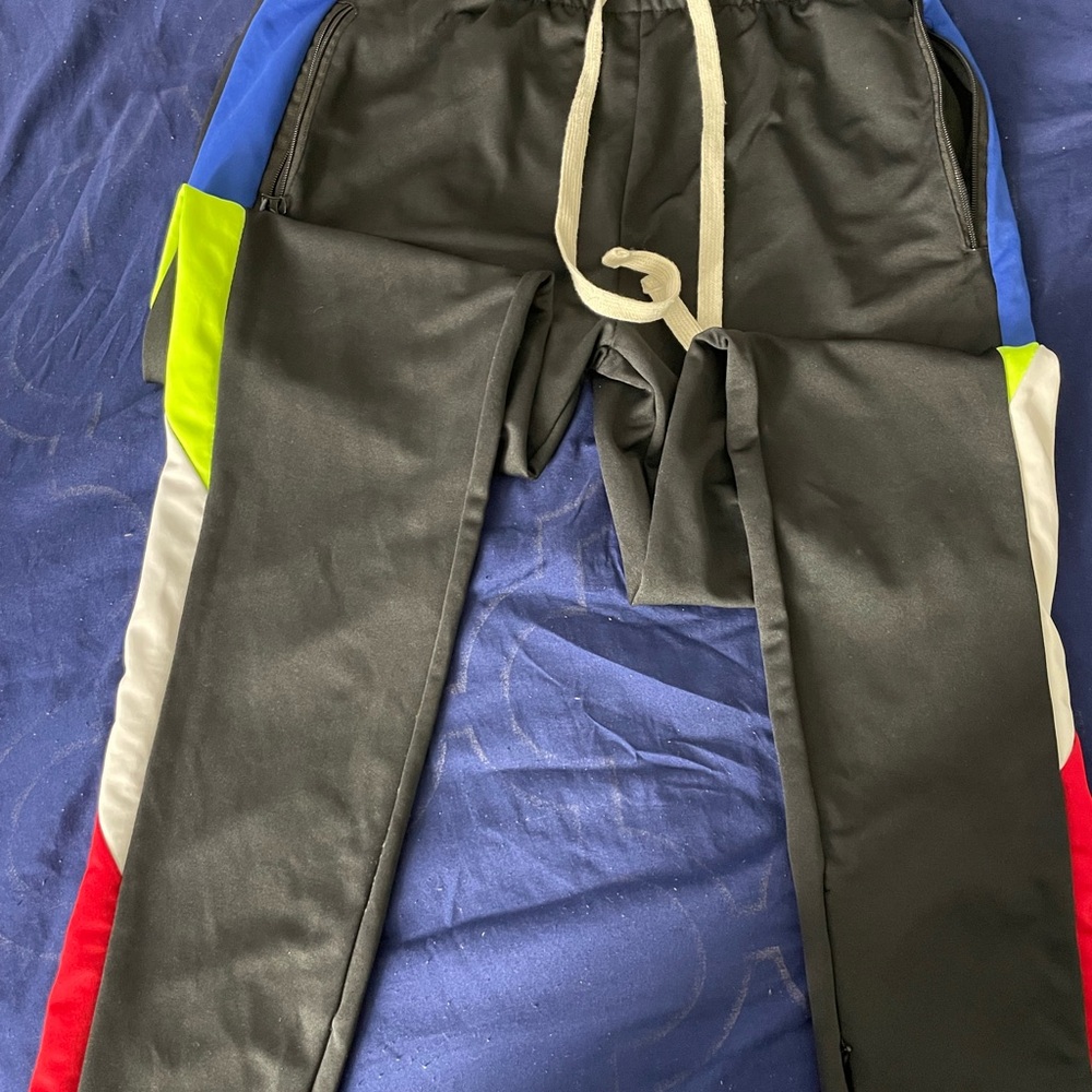 Black and Blue Sweatpants with Color Blocking and Side Stripes